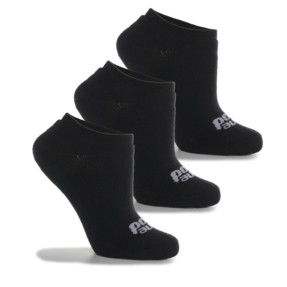 Três pares de meias esportivas masculinas pretas Done Head tamanho 39-44 exibidas em ângulo lateral e frontal